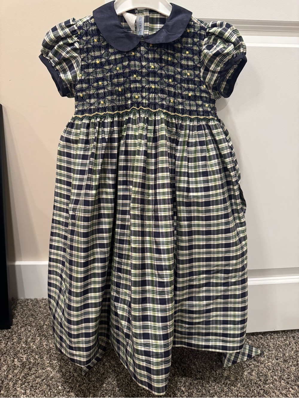 Classic Navy & Green Plaid Smocked Peter Pan Collar Dress for Girls